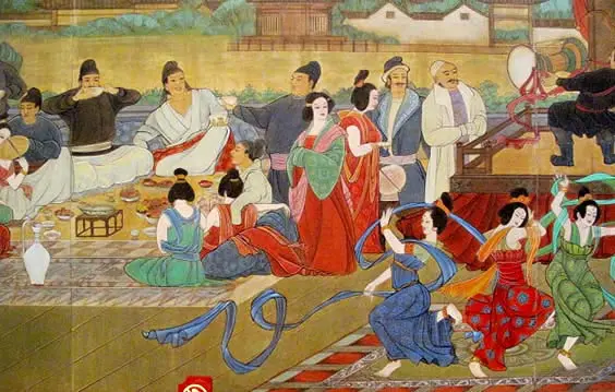 Silk painting of Tang Dynasty scene 