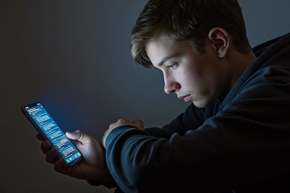 Photo of teenager with an AI chatbot like the perpetrator in this nover about the Lincoln Lawyer's AI lawsuit