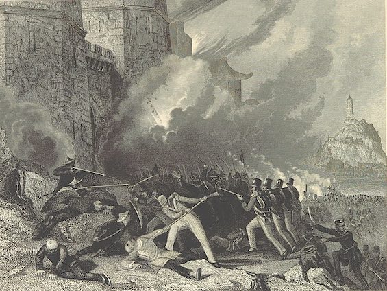 Image of British troops capturing a fortified Chinese city in the last major battle of the First Opium War, setting the stage for the founding of Hong Kong