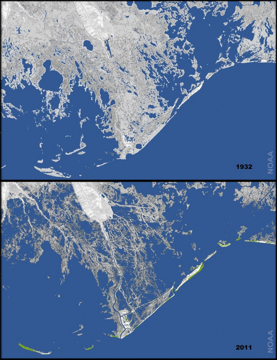 Aerial photos of Louisiana coast comparing 1932 with 2011