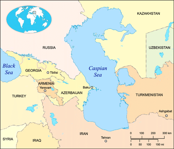 Map of the Caspian Sea region, where this Middle Eastern spy story is set