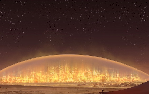 Artist's rendering of a city under a dome like the one in this satirical science fiction novel