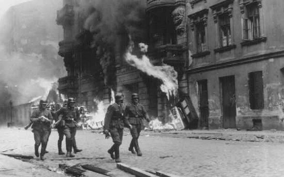 Image of German troops in action in this novel of the Warsaw Ghetto Uprising