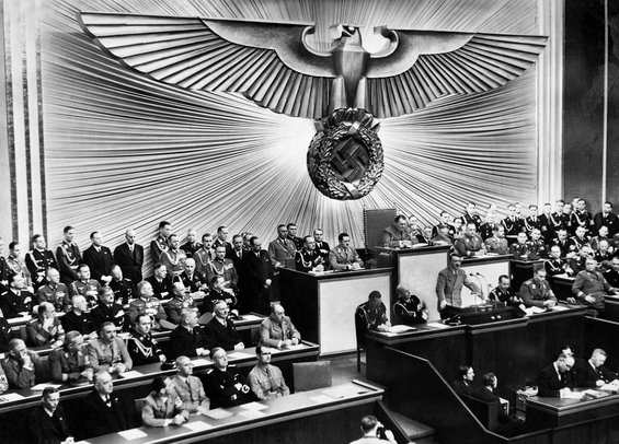 Image of Adolf Hitler speaking to the Reichstag before he launched World War II in Europe