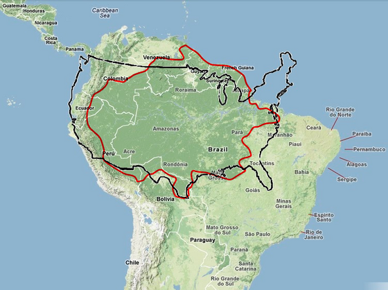 Map comparing the size of the Amazon with the USA