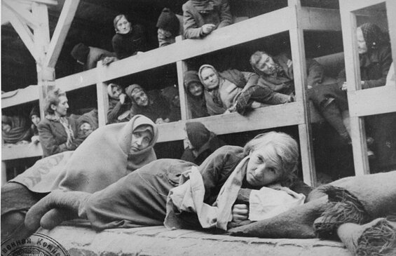 Image of prisoners at Auschwitz, one of the settings for the second of Herman Wouk's two World War II novels