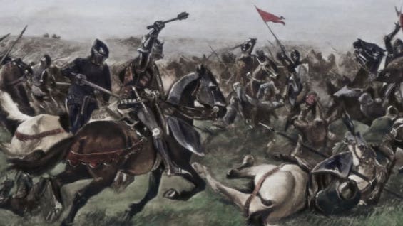 Artist's rendering of fighting the Battle of Agincourt in 1415, one of the emblematic events that brought about change in the Middle Ages