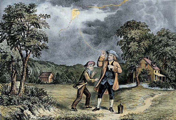 Image of Benjamin Franklin and his son William flying a kite in a thunderstorm, an episode described in this new Benjamin Franklin biography
