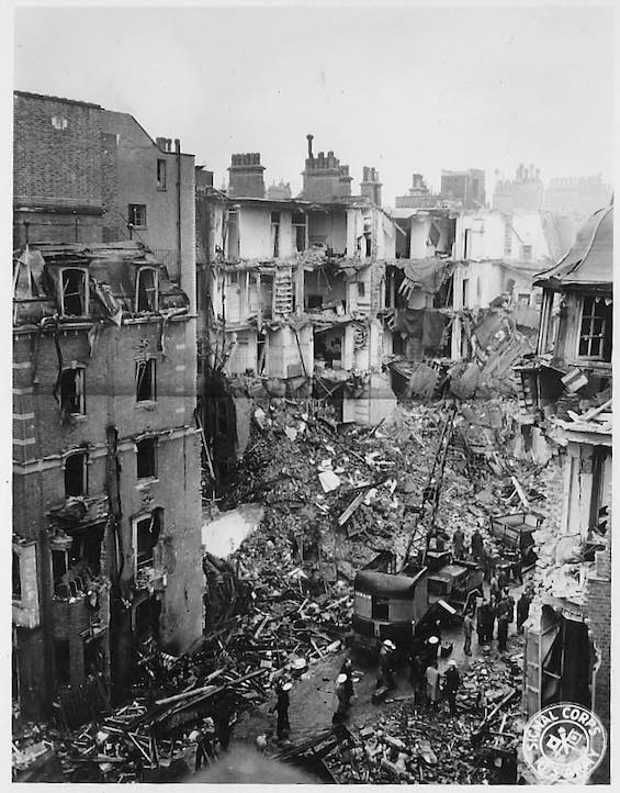 Photo of destruction in London caused by a V-1 buzz bomb, a constant threat during the months of this English police procedural