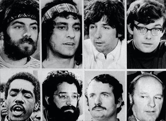 Image of the Chicago Eight defendants in the 1969 trial of the movements for radical change of that era