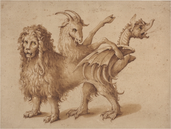 Artist's image of a chimera, a mythological creature that is the model for the biological innovation in this novel
