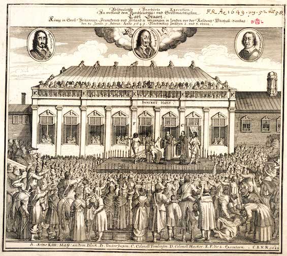 Woodblock engraving of the execution of King Charles I in 1649, the act that set off the manhunt in this novel of colonial America