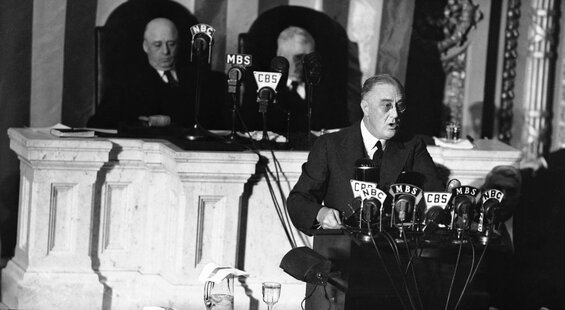 Image of President Franklin Roosevelt speaking to Congress before World War II