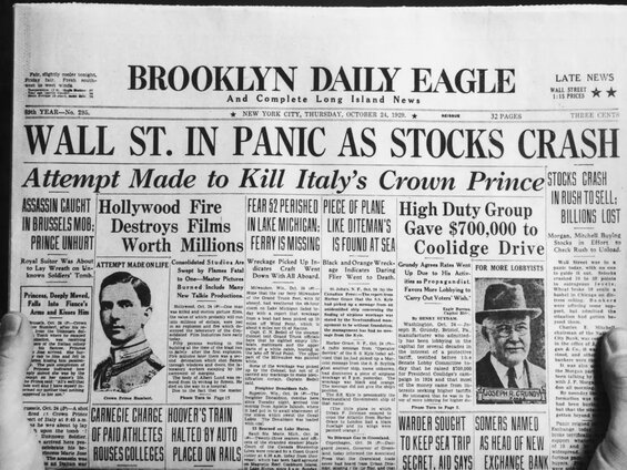 Image of a newspaper headlining the Wall Street crash in 1929, which is often thought to have caused the Great Depression