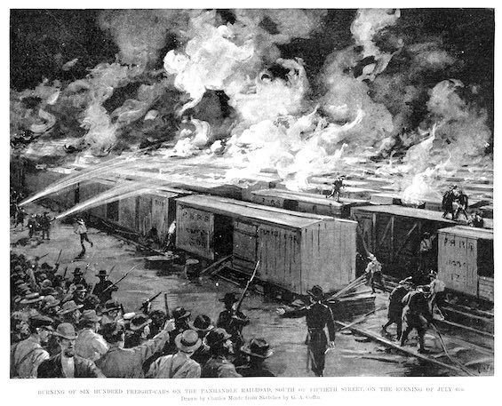 Artist's rendering of firefighters combating the flames on 600 boxcars set alight in the Pullman Strike, an early effort by organized labor, an event highlighted in this book about organized labor