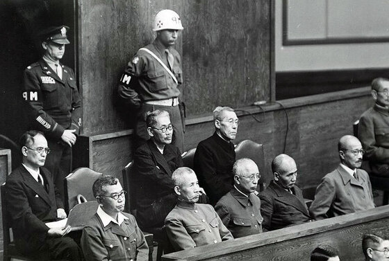 Image of Japanese leaders at the Tokyo War Crimes Tribunal, a consequence of Japan's unconditional surrender