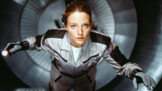Image of actress Jodie Foster as the character Dr. Ellie Arroway in the film version of this novel about the search for intelligent life in the universe