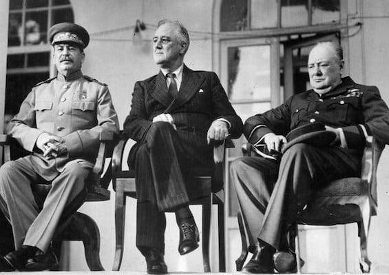 Photo of Joseph Stalin, Franklin Delano Roosevelt, and Winston Churchill at the Big Three conference in Tehran, Iran, in November 1943