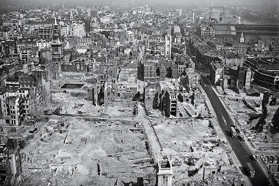 Aerial view of bomb damage in London in 1945, when this World War II novel begins