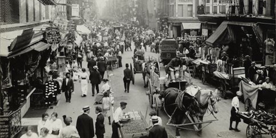 Image of street scene on the Lower East Side of New York, a setting prominent in Jewish history in America