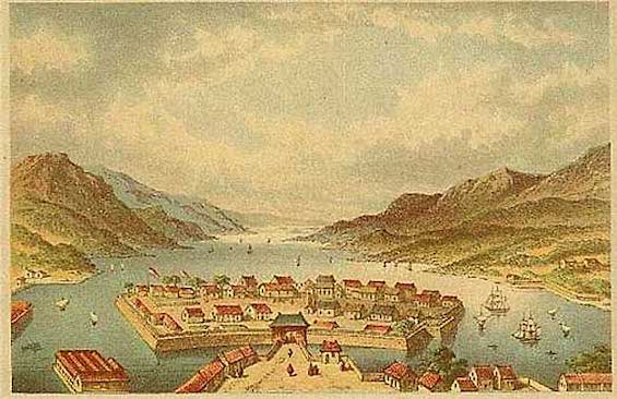Artist's rendering of the port of Nagasaki in the 1800s, where this brilliant historical novel is set