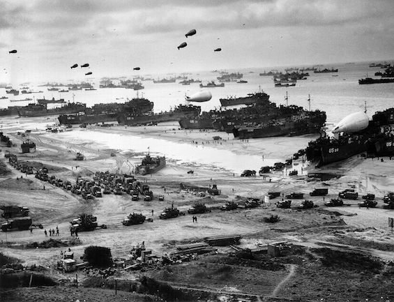 Aerial view of the Normandy Invasion, a central event in this biography of Eisenhower Patton and Bradley
