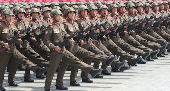 North Korean image of soldiers goose-stepping, an image counter to the realities of daily life in north korea