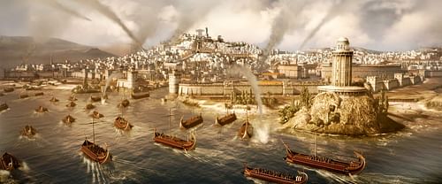 Artist's rendering of ancient Carthage under siege during the Punic Wars, 