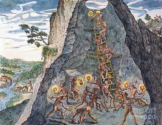 Artist's rendering of slaves working the silver mountain at Potosi, Bolivia, a key event in this global history book