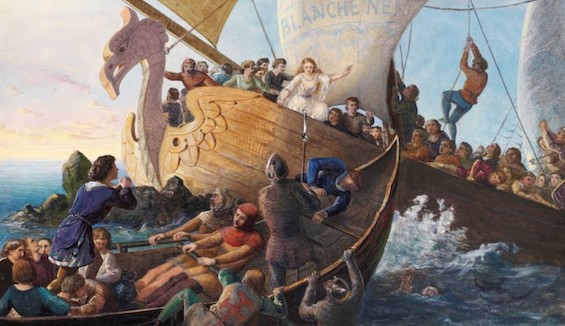 Painting of Princess Mathilde calling to her brother, the crown prince, as the White Ship breaks up on the rocks, a critical event in the history of medieval Englan12th century England