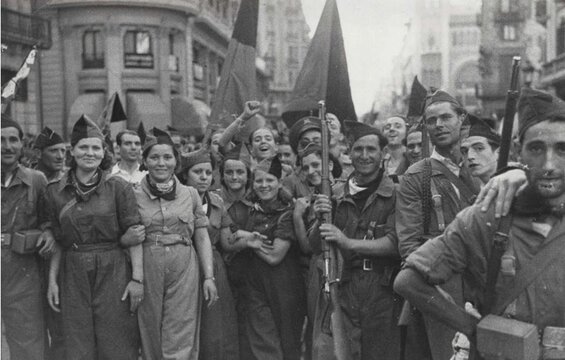 Photograph of anarchists marching in Barcelona like those that appear in this Spanish Civil War story