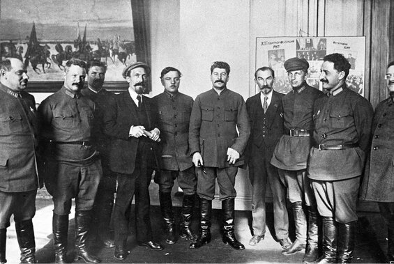 Image of Joseph Stalin and other Soviet revolutionary leaders as described in this account of Stalin's life