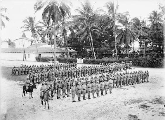Photo of German officers and their African men ready to march in German East Africa in World War I like those featured in this African historical novel