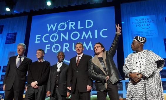 Image of celebrities at the World Economic Forum at Davos, the epicenter of action that promotes widening economic inequality