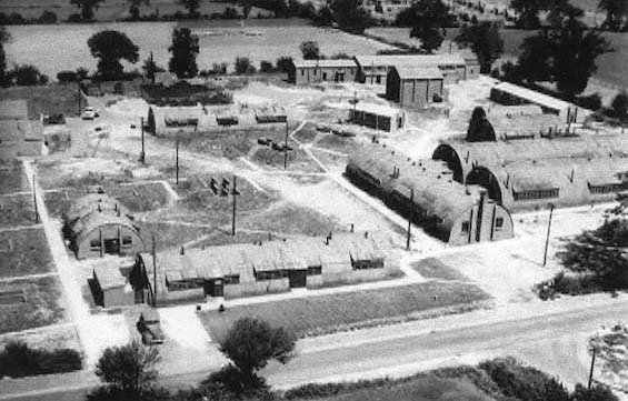 Aerial photo of a US airbase in WWII England, like the one central to the story in this charming cozy mystery