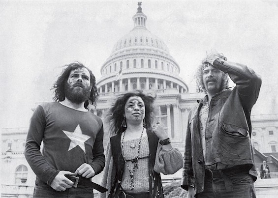 Photo of Jerry Rubin, Judy Gumbo, and Stew Albert, leaders in the counterculture revolution